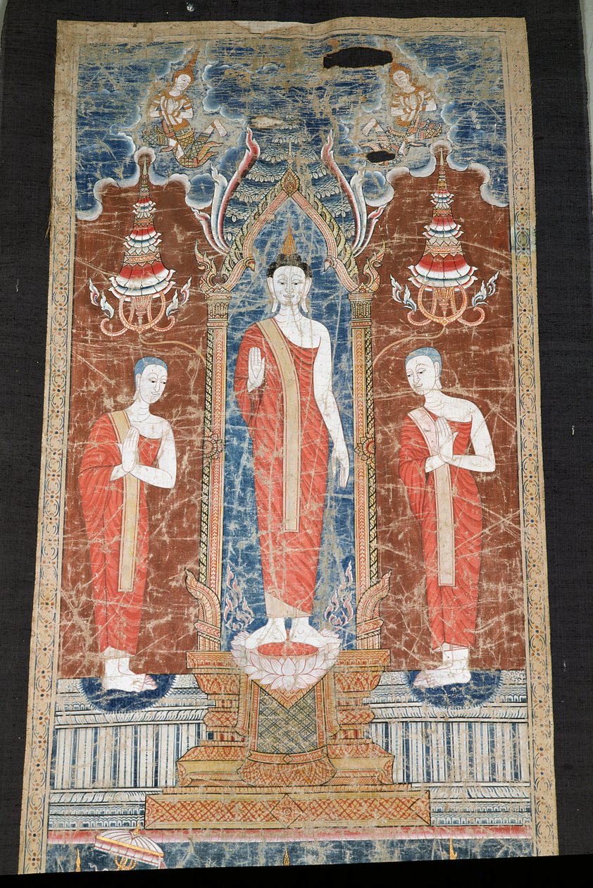 Stendardo raffigurante Buddha in piedi con due discepoli, stile Ratanakosin da Thai School