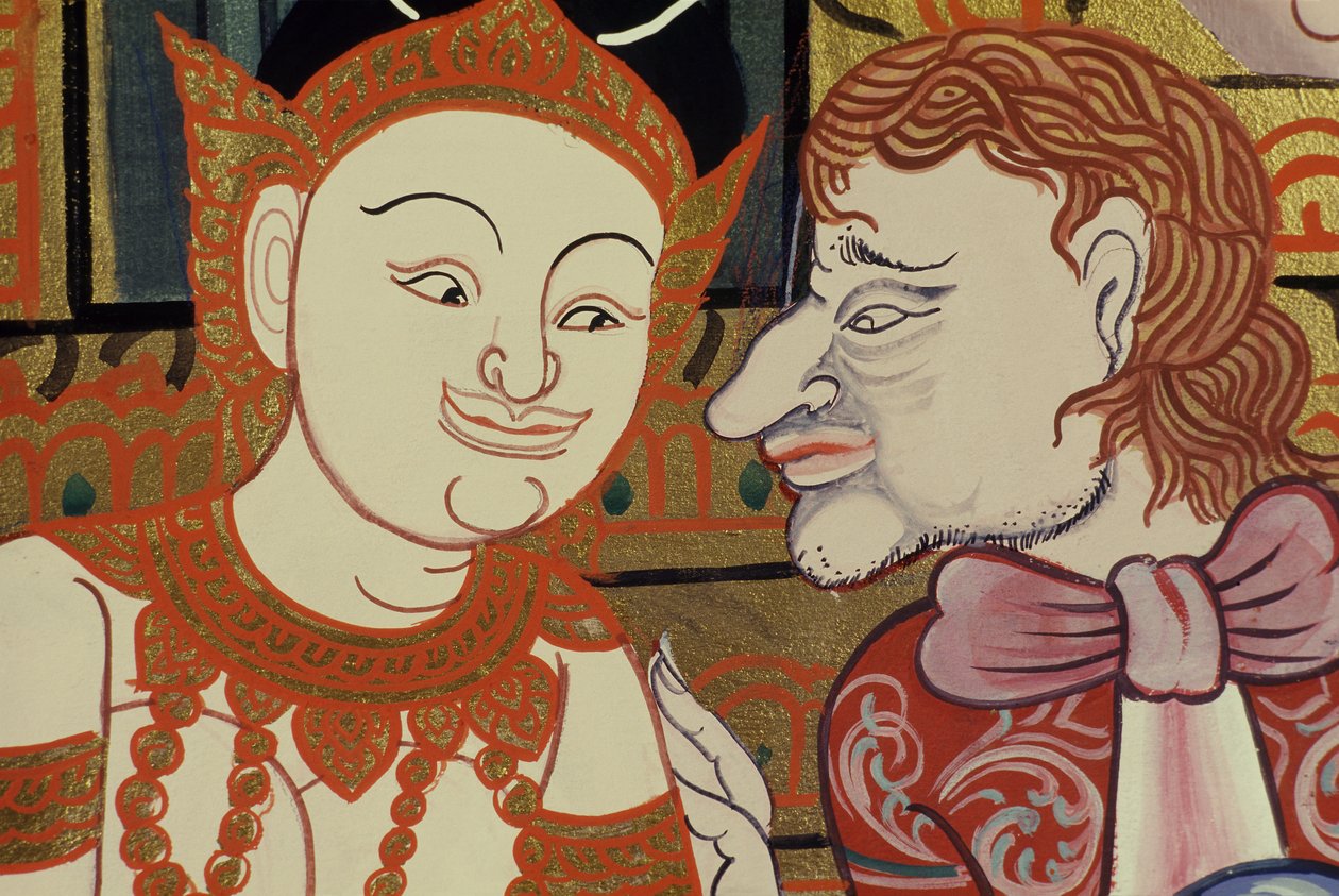 Dipinto contemporaneo in stile classico che mostra persone tailandesi e occidentali da Thai School