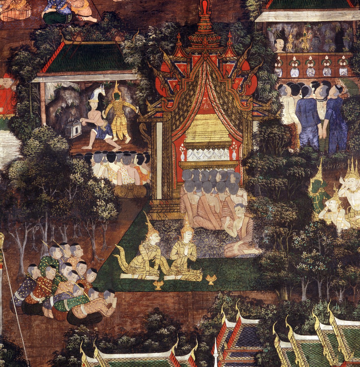 Folla che guarda spettacoli teatrali e di burattini in occasione del funerale del Buddha, dettaglio dalla Morte di Buddha da Thai School