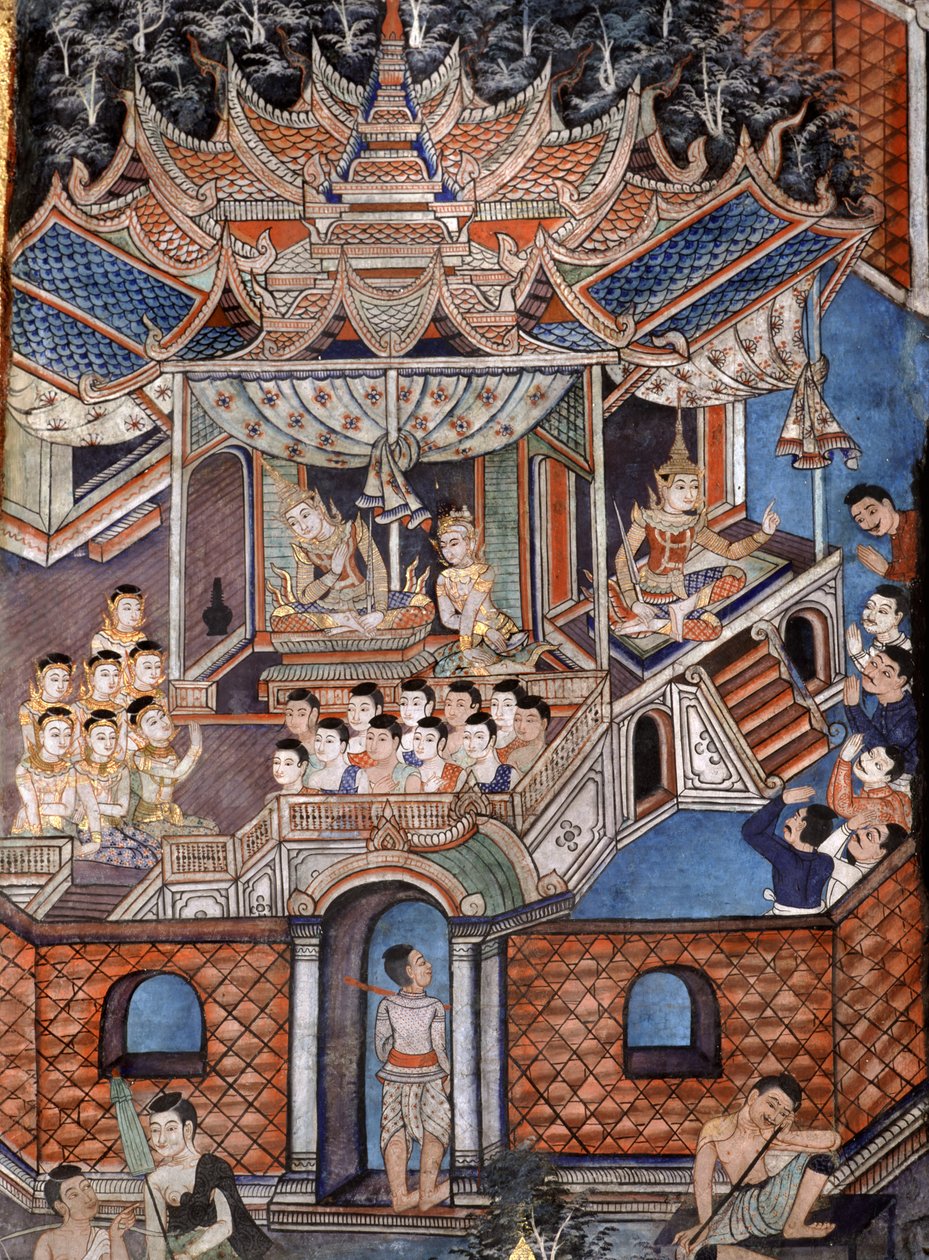 (dettaglio) dei murali del Viharn laikam che ritraggono i Racconti di Sang Thong (murale) da Thai School