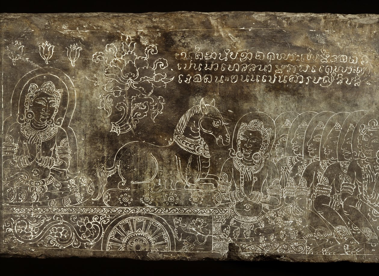 Pannello di pietra inciso che raffigura il racconto Bhojajania Jataka, da Wat Si Chum, Sukhothai, XIV-XV secolo da Thai School