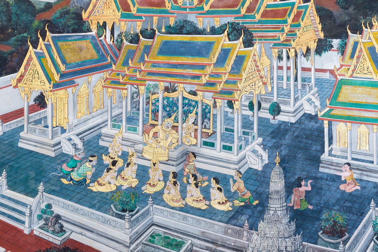 Affresco che raffigura scene del Ramayana al Wat Phra Kaeo, il Palazzo Reale, Bangkok, Thailandia da Thai School