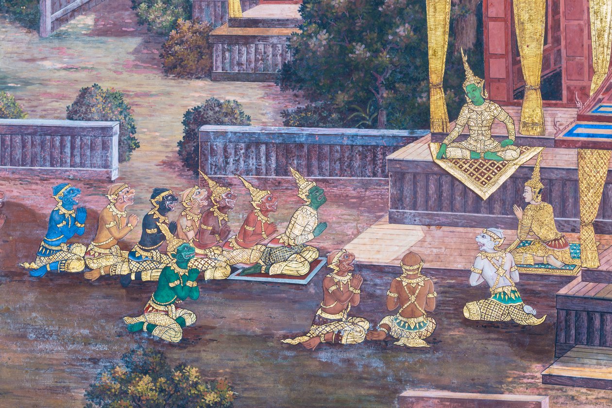 Affresco che raffigura scene del Ramayana al Wat Phra Kaeo, il Palazzo Reale, Bangkok, Thailandia da Thai School