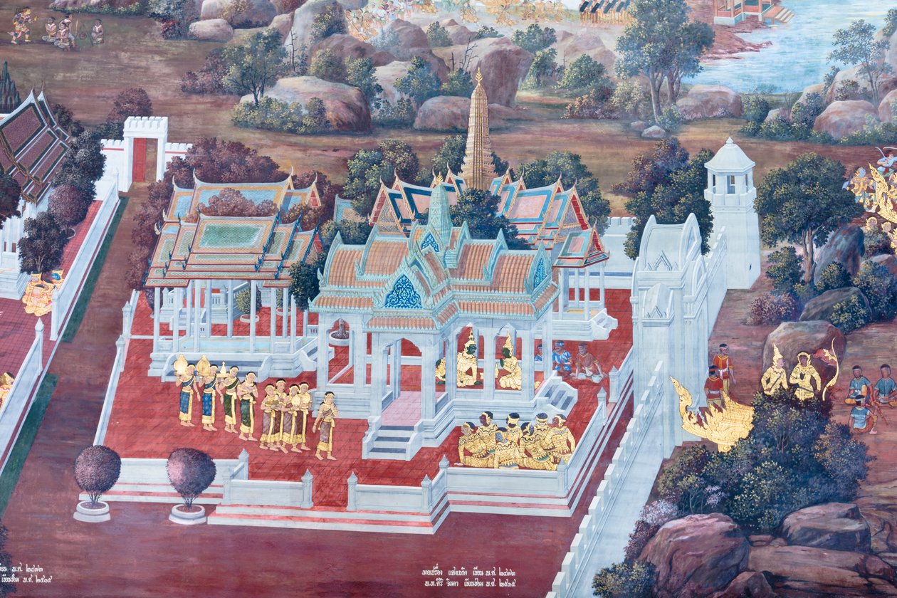 Affresco che raffigura scene del Ramayana al Wat Phra Kaeo, il Palazzo Reale, Bangkok, Thailandia da Thai School