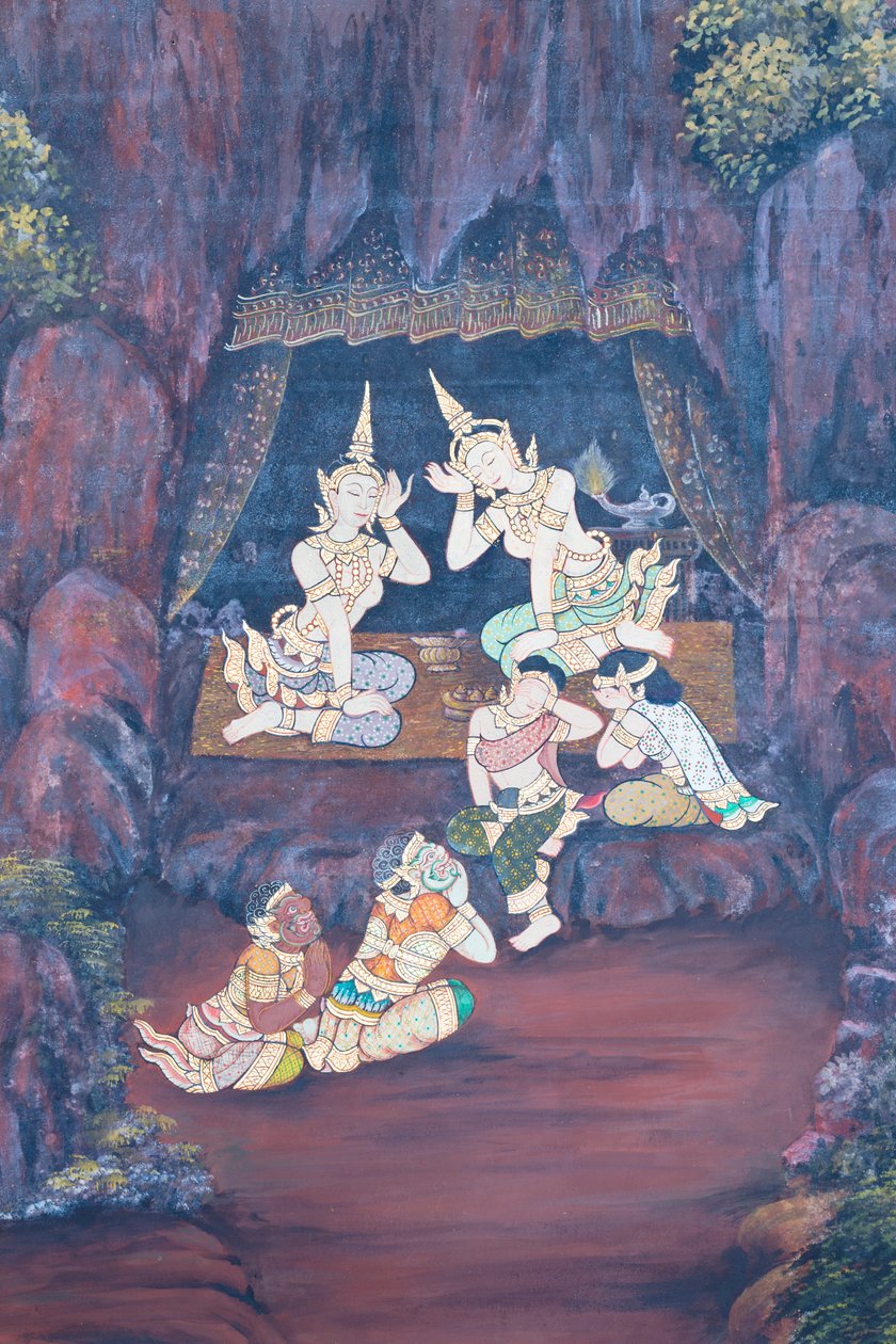 Affresco che raffigura scene del Ramayana al Wat Phra Kaeo, il Palazzo Reale, Bangkok, Thailandia da Thai School