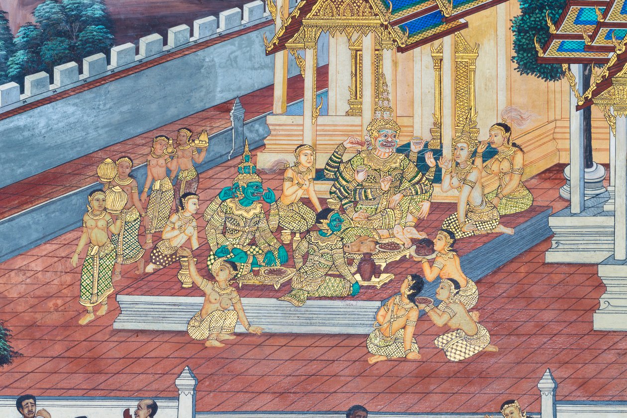 Murale che raffigura scene del Ramayana al Wat Phra Kaeo, il Palazzo Reale, Bangkok, Thailandia da Thai School