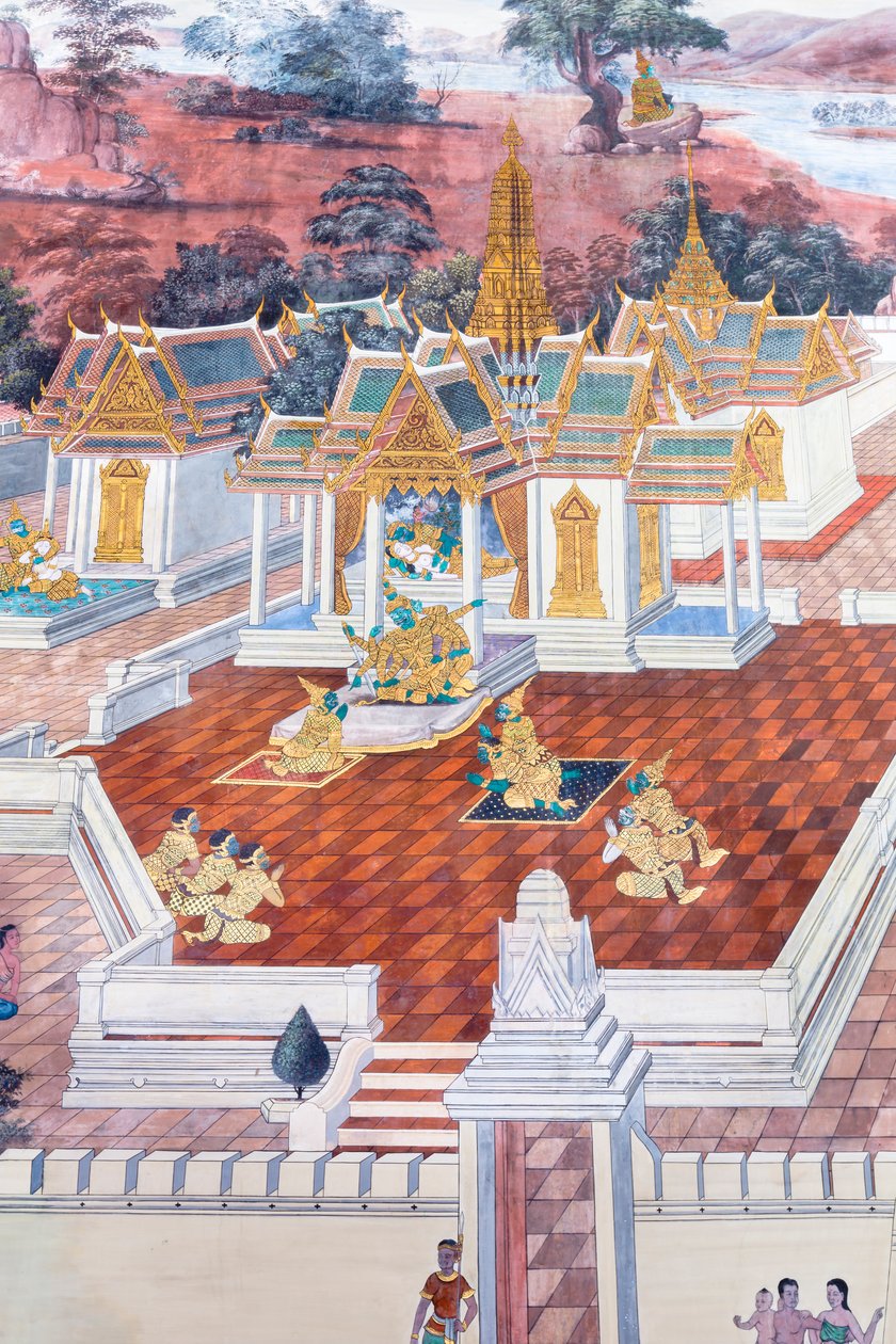 Murale che raffigura scene del Ramayana al Wat Phra Kaeo, il Palazzo Reale, Bangkok, Thailandia da Thai School
