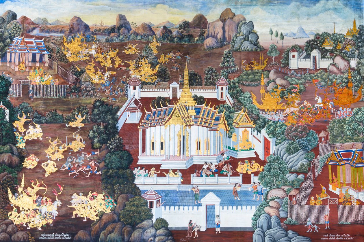 Murale che raffigura scene del Ramayana al Wat Phra Kaeo, il Palazzo Reale, Bangkok, Thailandia da Thai School