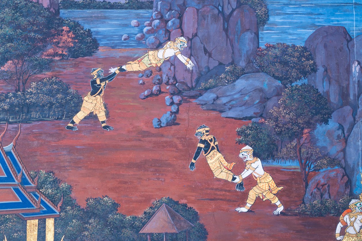 Murale che raffigura scene del Ramayana al Wat Phra Kaeo, il Palazzo Reale, Bangkok, Thailandia da Thai School