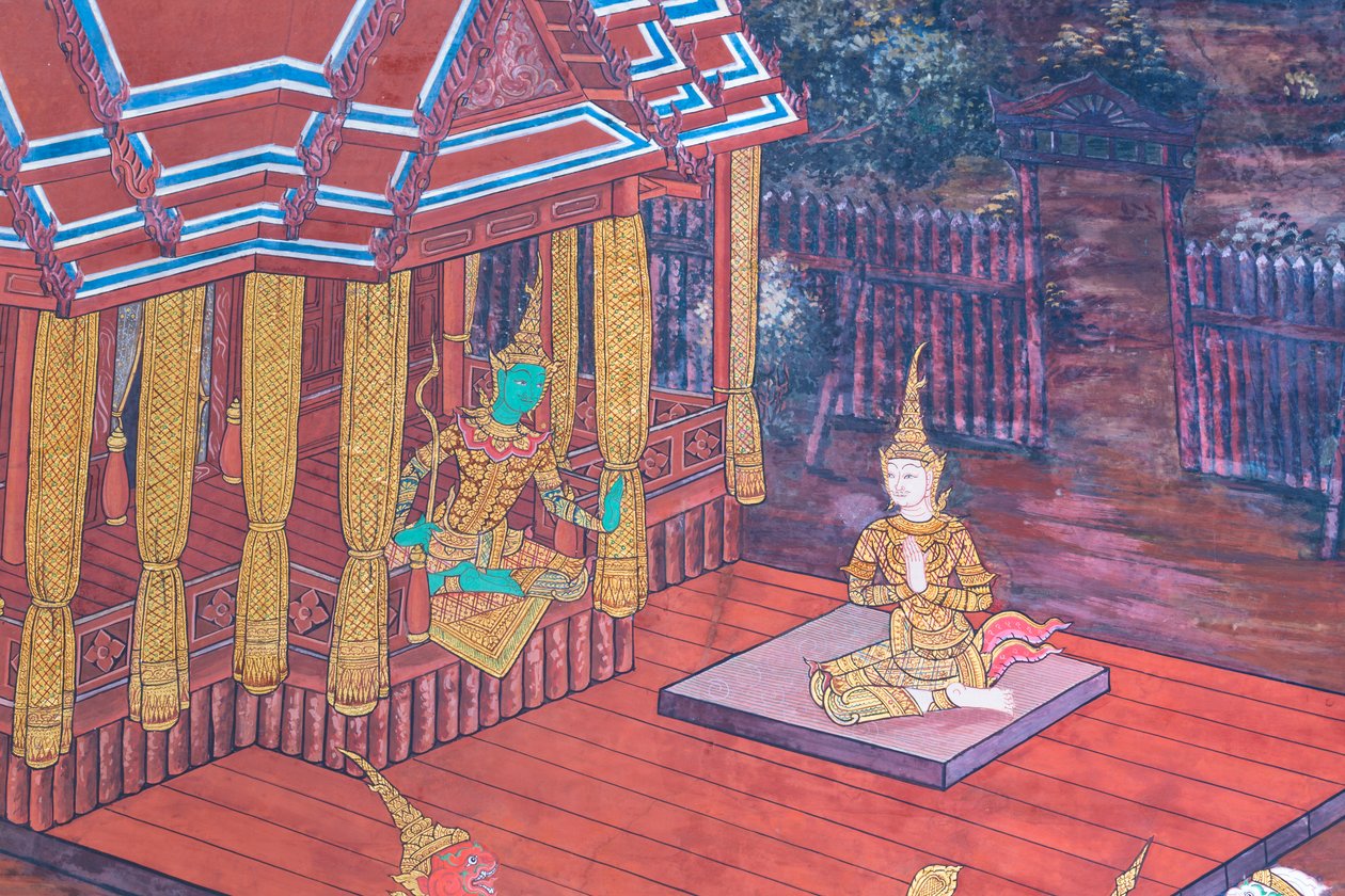 Murale che raffigura scene del Ramayana al Wat Phra Kaeo, il Palazzo Reale, Bangkok, Thailandia da Thai School