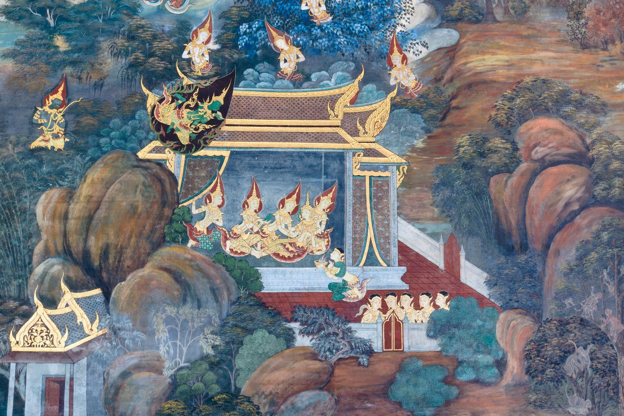 Murale che raffigura scene del Ramayana al Wat Phra Kaeo, il Palazzo Reale, Bangkok, Thailandia da Thai School