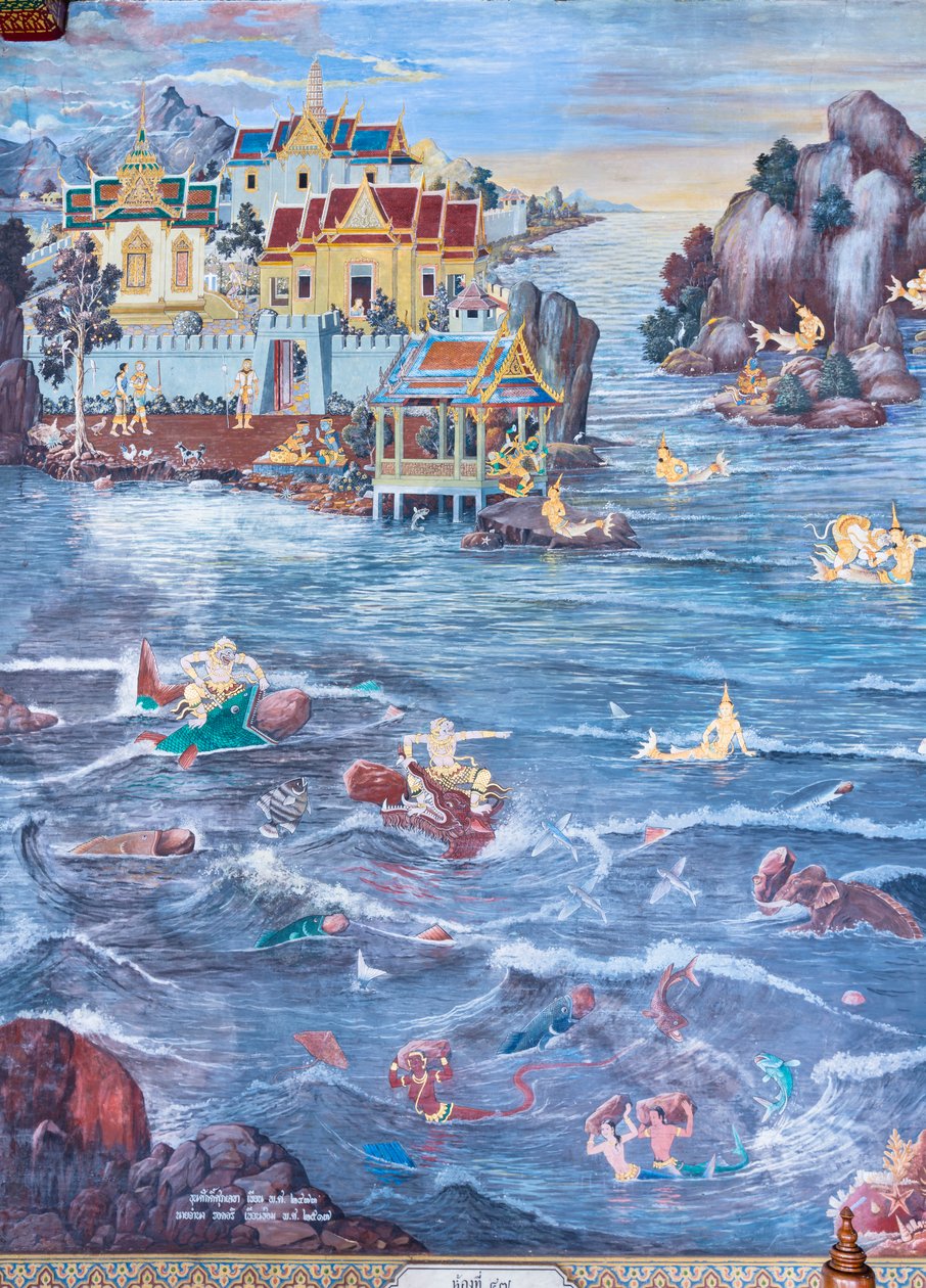 Murale che raffigura scene del Ramayana al Wat Phra Kaeo, il Palazzo Reale, Bangkok, Thailandia da Thai School