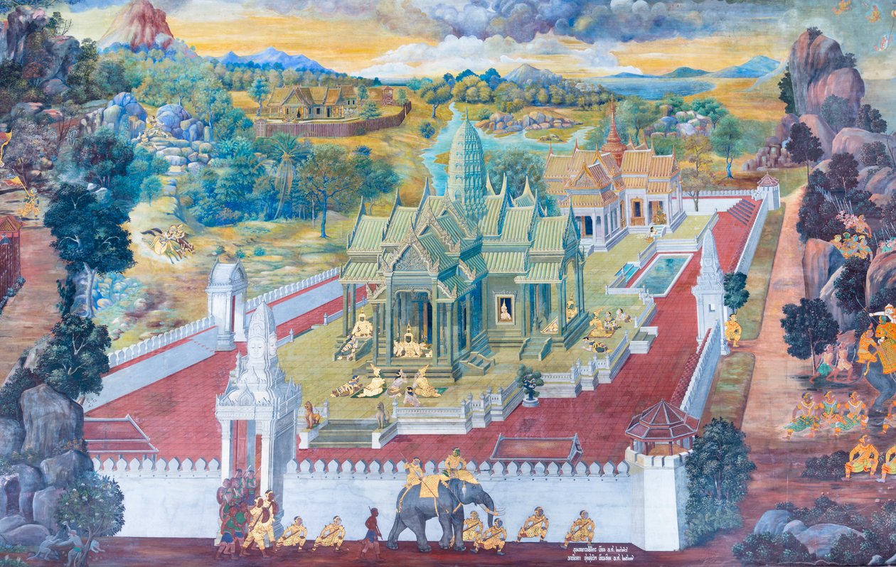 Murale che raffigura scene del Ramayana al Wat Phra Kaeo, il Palazzo Reale, Bangkok, Thailandia da Thai School