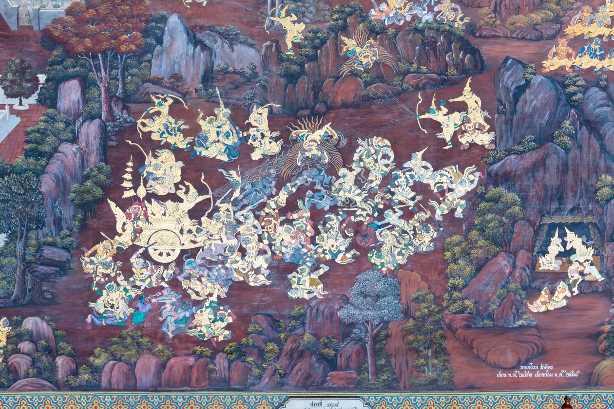 Murale che raffigura scene del Ramayana al Wat Phra Kaeo, il Palazzo Reale, Bangkok, Thailandia da Thai School