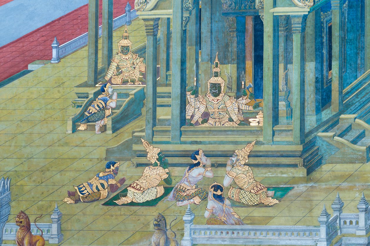 Murale che raffigura scene del Ramayana al Wat Phra Kaeo, il Palazzo Reale, Bangkok, Thailandia da Thai School