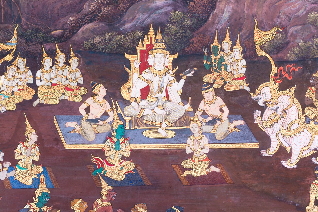 Murale che raffigura scene del Ramayana al Wat Phra Kaeo, il Palazzo Reale, Bangkok, Thailandia da Thai School