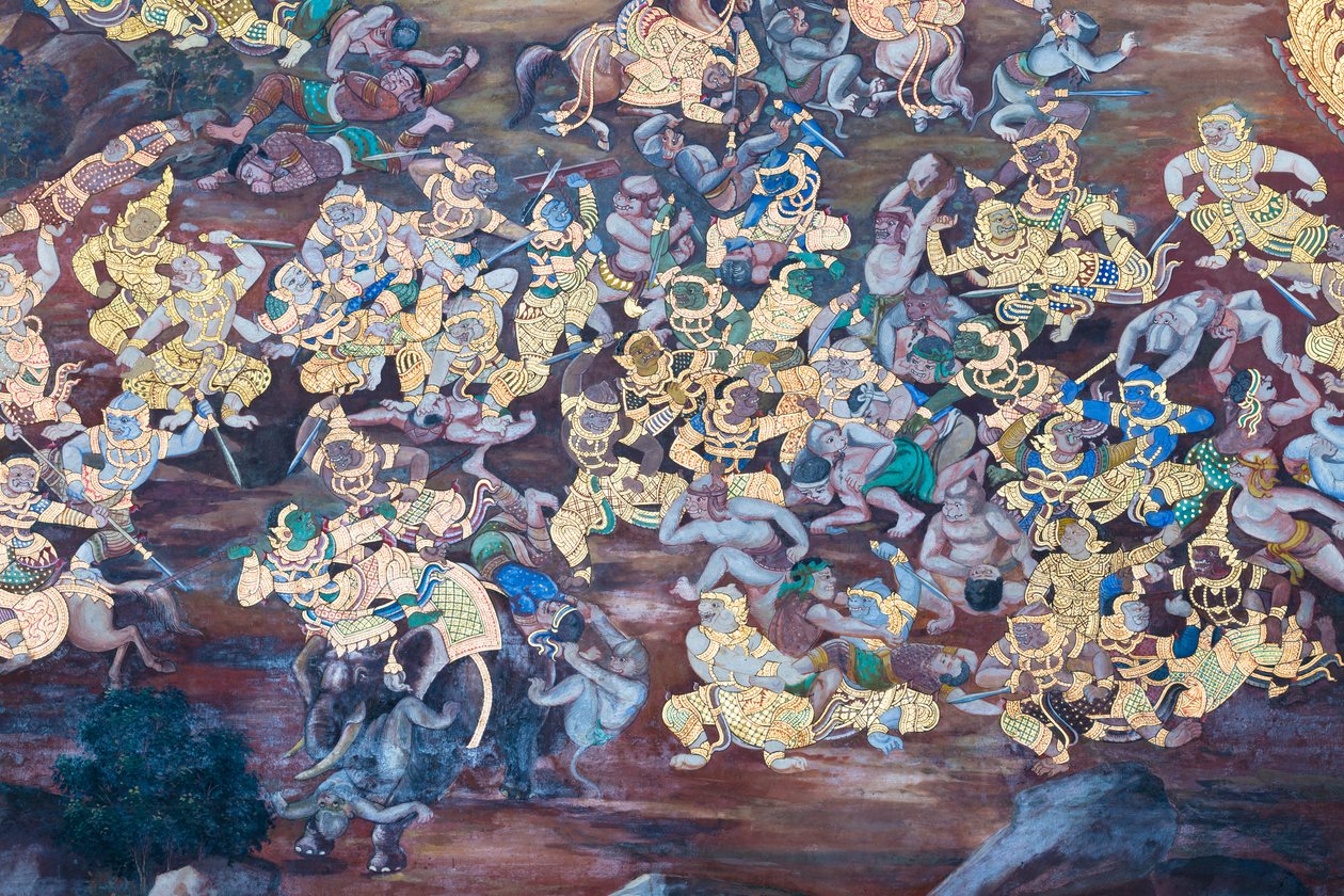 Murale che raffigura scene del Ramayana al Wat Phra Kaeo, il Palazzo Reale, Bangkok, Thailandia da Thai School