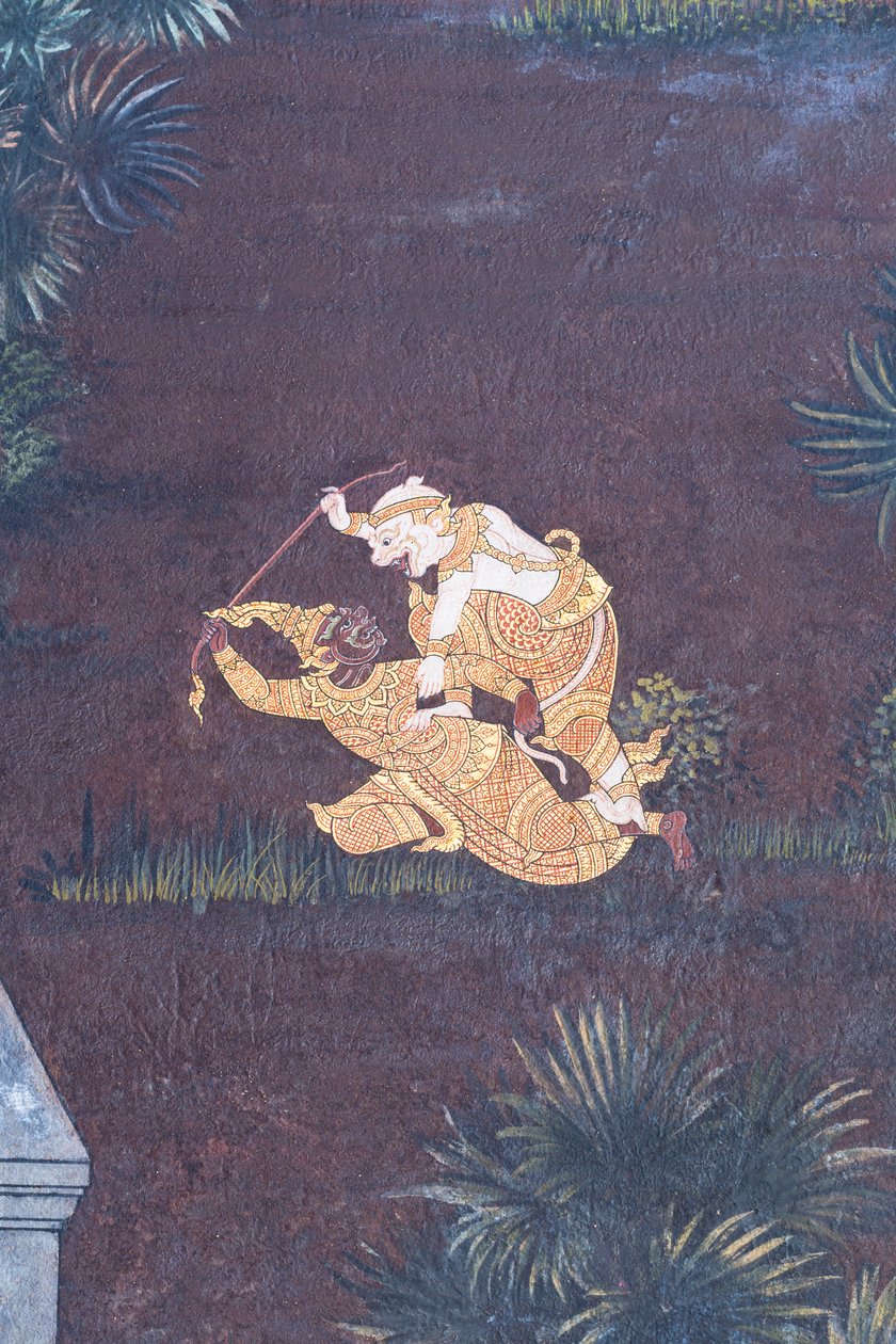 Murale che raffigura scene del Ramayana a Wat Phra Kaeo, il Palazzo Reale, Bangkok, Thailandia da Thai School