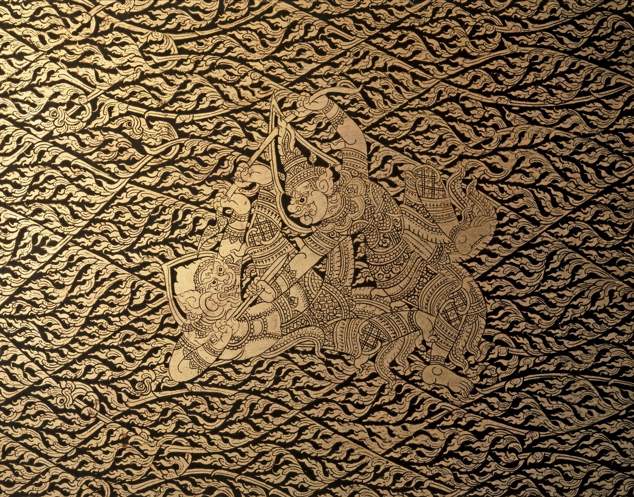 ARTE THAI: Un episodio del "Ramayana" con decorazione Kra Nak. Custodia per libri, Bangkok St... da Thai School