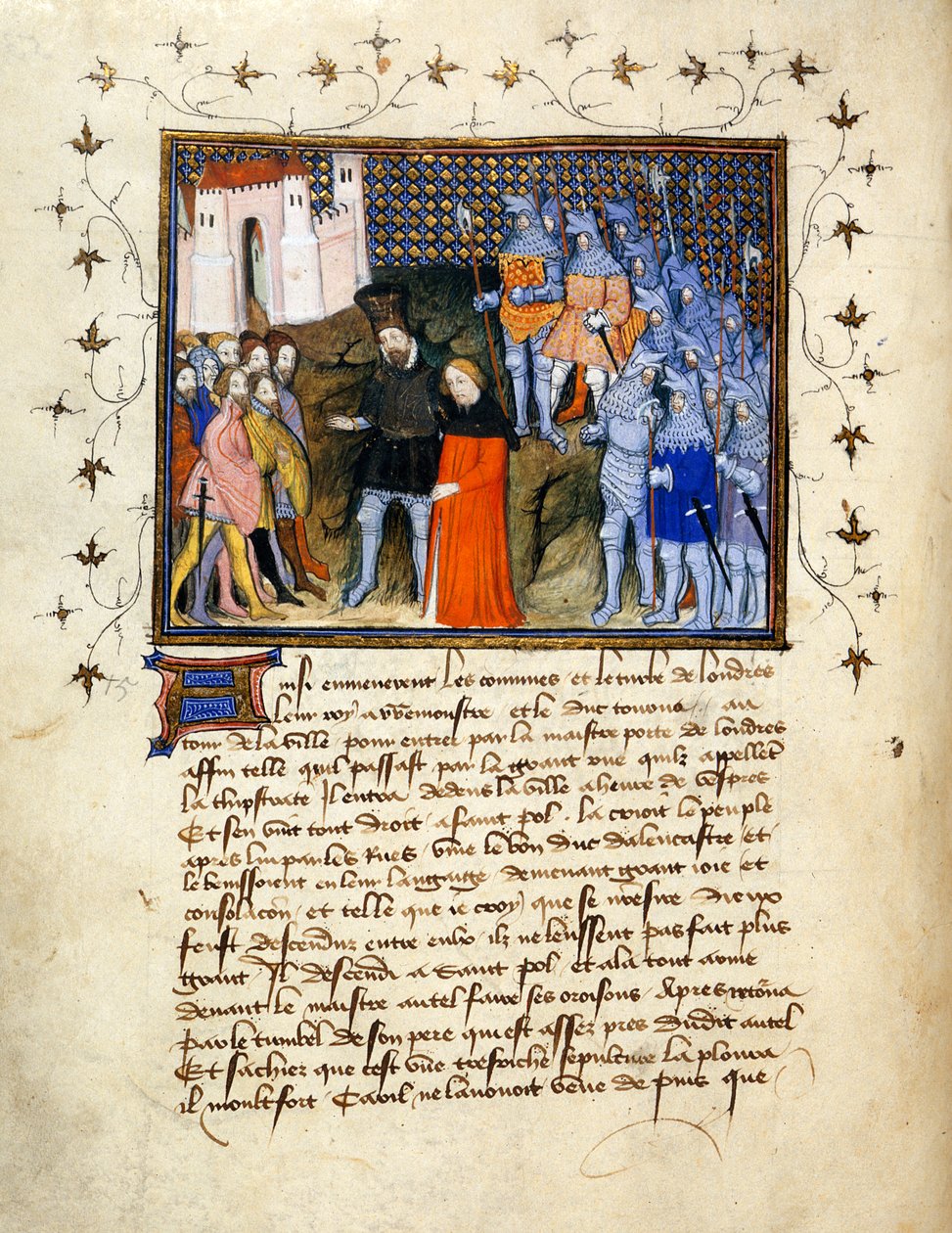 Re Riccardo II, condotto prigioniero da Enrico Bolingbroke a Londra, rinuncia al trono; bordo decorato con testo sotto. da The Virgil Master
