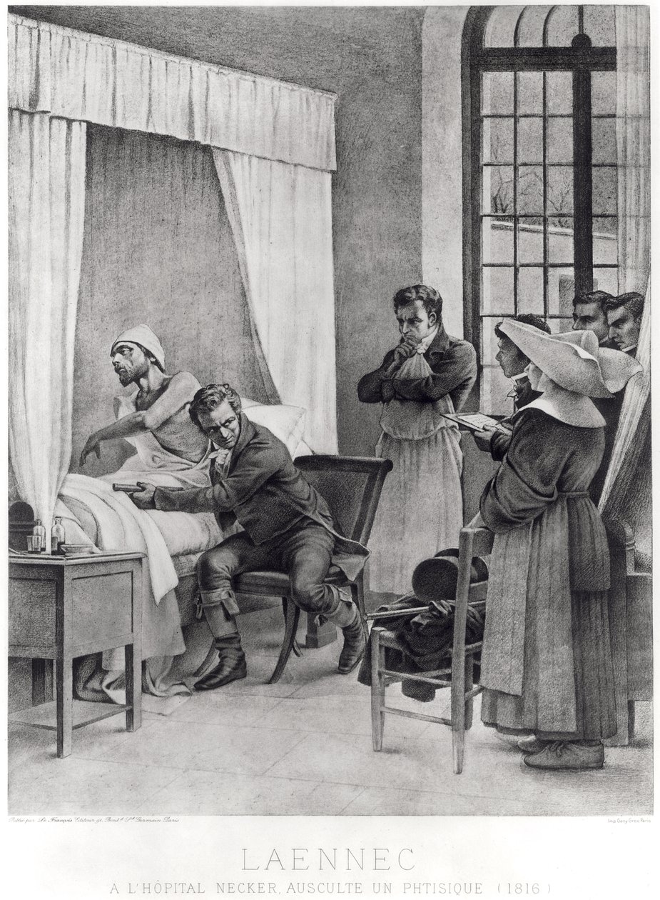 René Théophile Hyacinthe Laennec ascolta il petto di un uomo con la tubercolosi da Theobald Chartran
