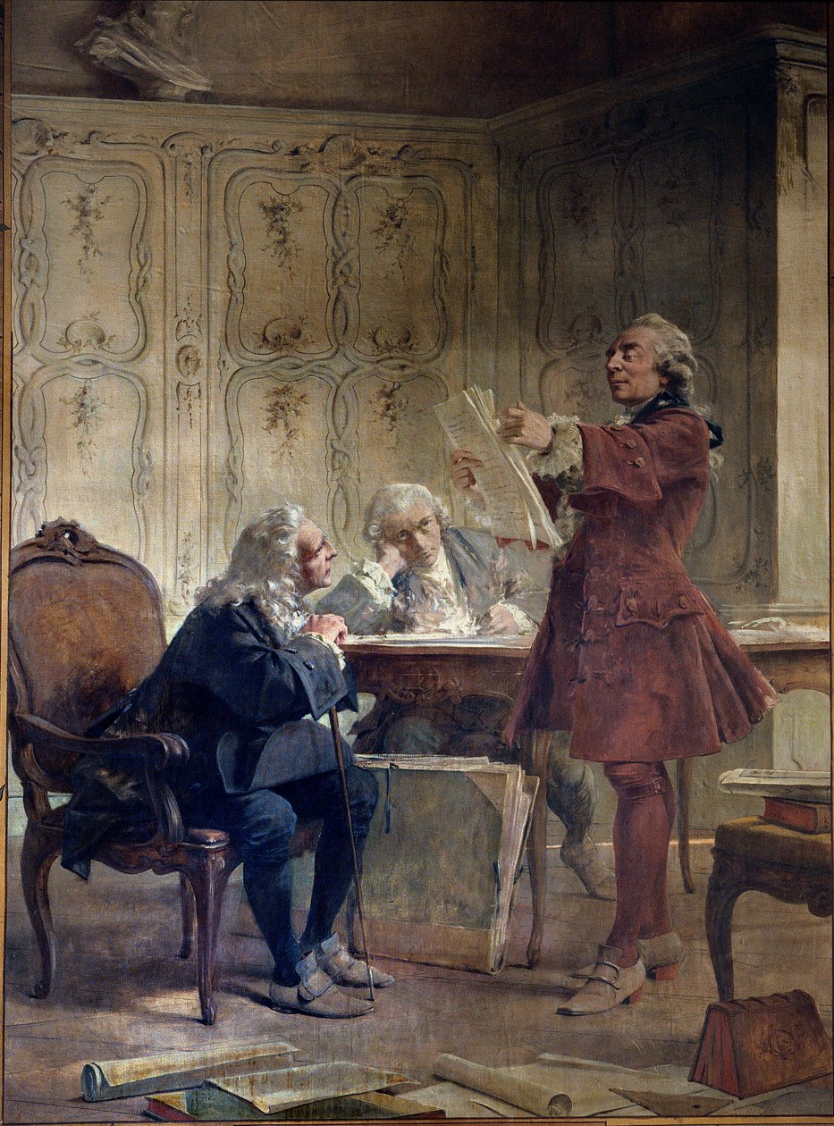 Il naturalista e intendente del Jardin du roi Georges-Louis Leclerc, Conte di Buffon (1707-1788) legge i primi fogli della sua storia naturale davanti al botanico Bernard de Jussieu (1699-1777) e al naturalista Edme-Louis Daubenton (1732-17) da Theobald Chartran