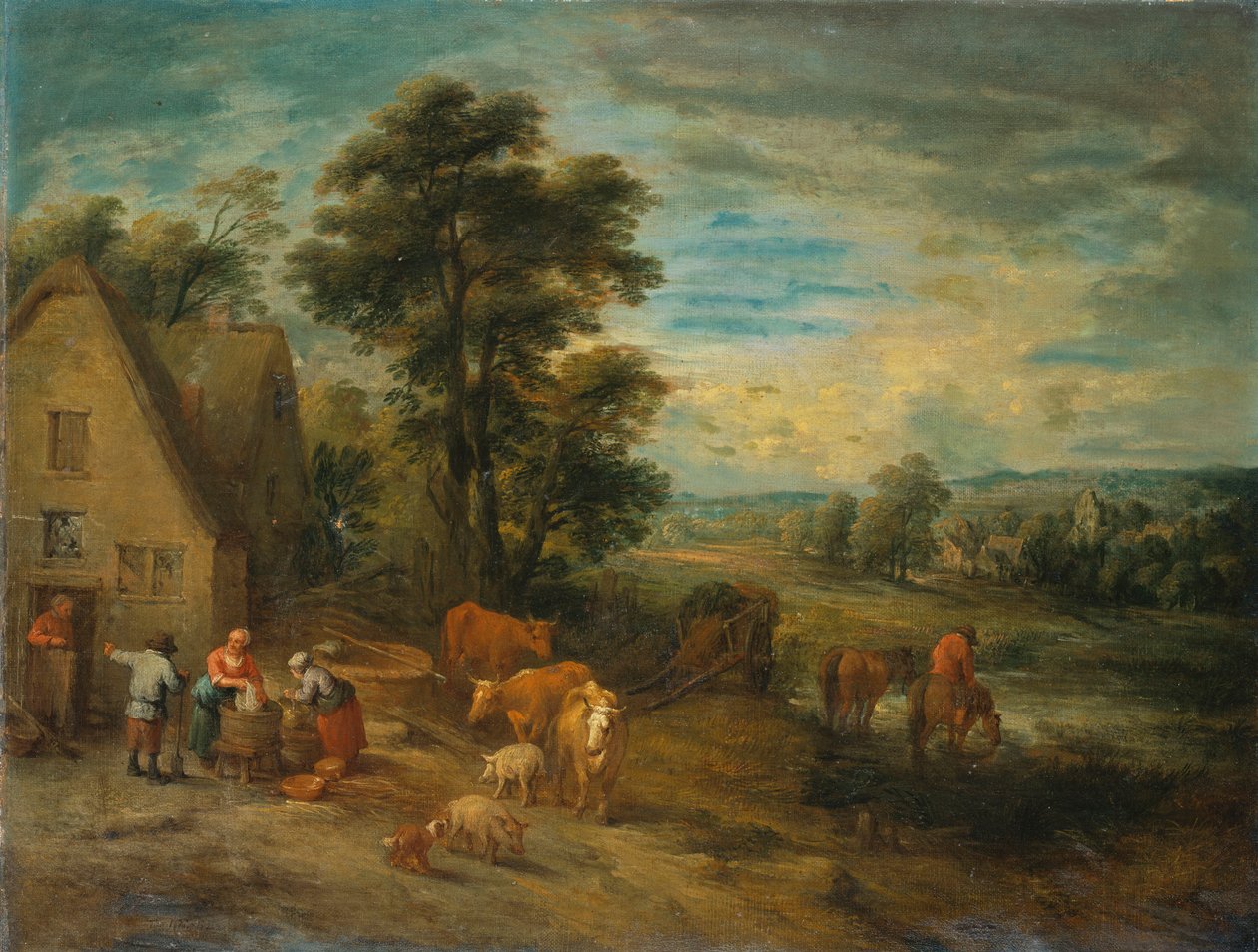Paesaggio con contadini e bestiame vicino a un cottage da Theobald Michau