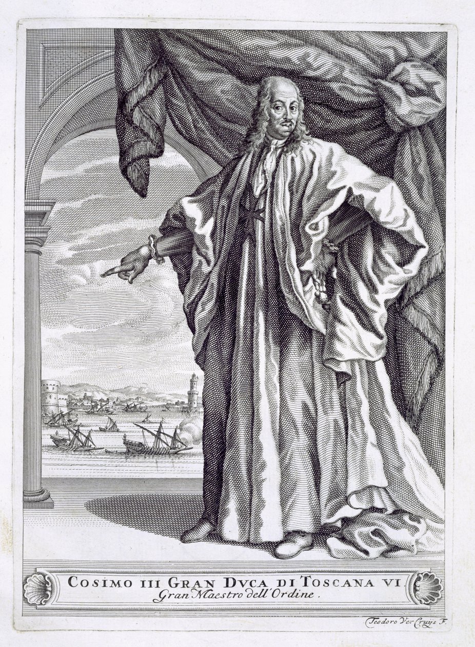 Ritratto di Cosimo III de Medici (1642-1723), frontespizio da I Pregi della Toscana, di Fulvio Fontana, pubblicato nel 1701 da Theodor Verkruis