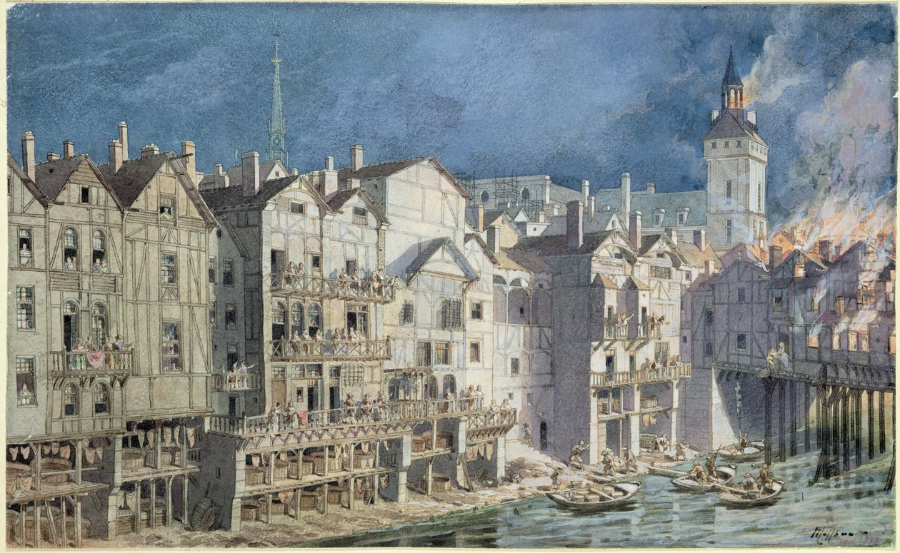 Incendio al Pont aux Meuniers nel 1621 da Theodor Josef Hubert Hoffbauer