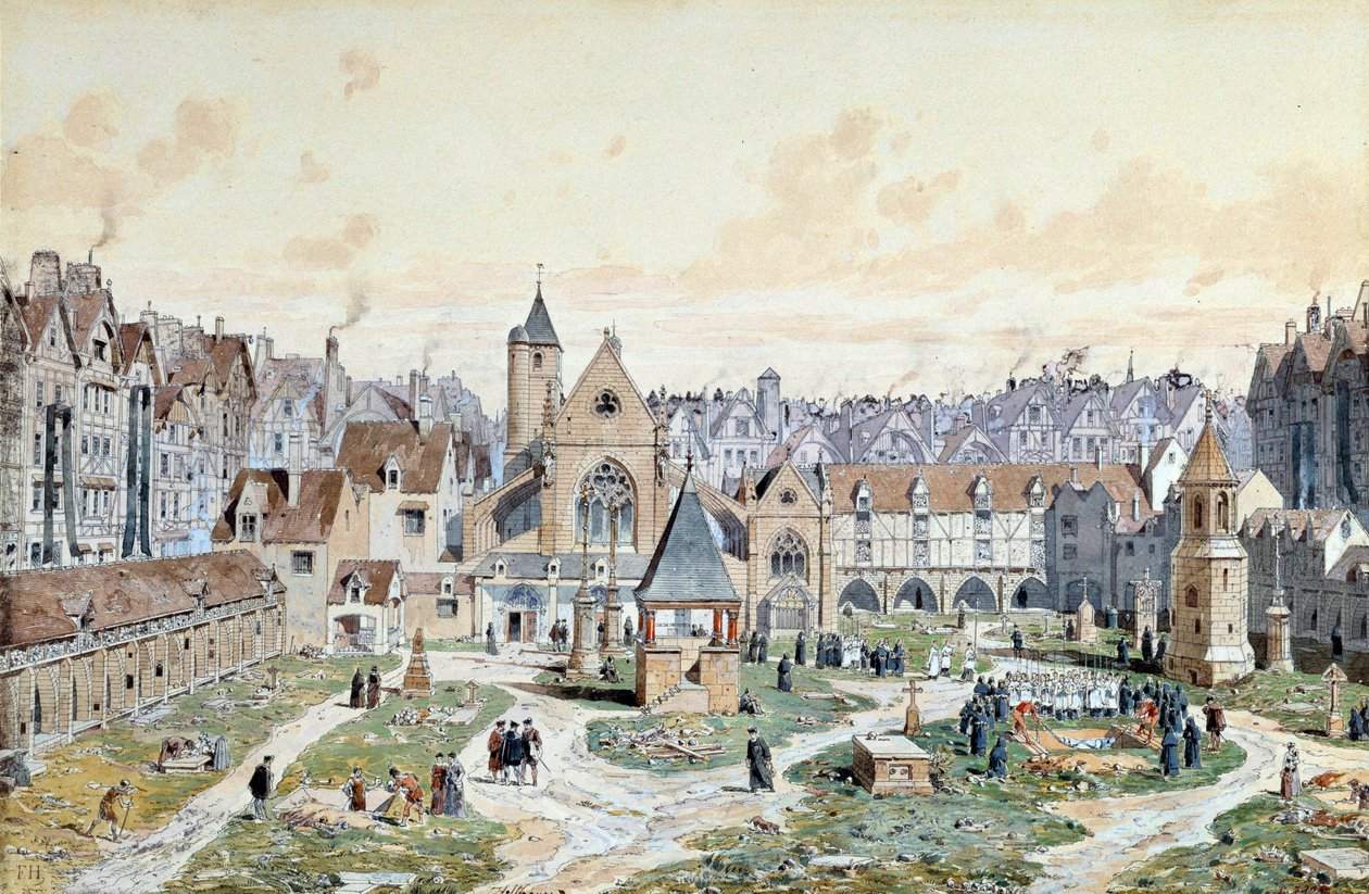 Veduta del cimitero degli Innocenti a Parigi nel 1550 da Theodor Josef Hubert Hoffbauer
