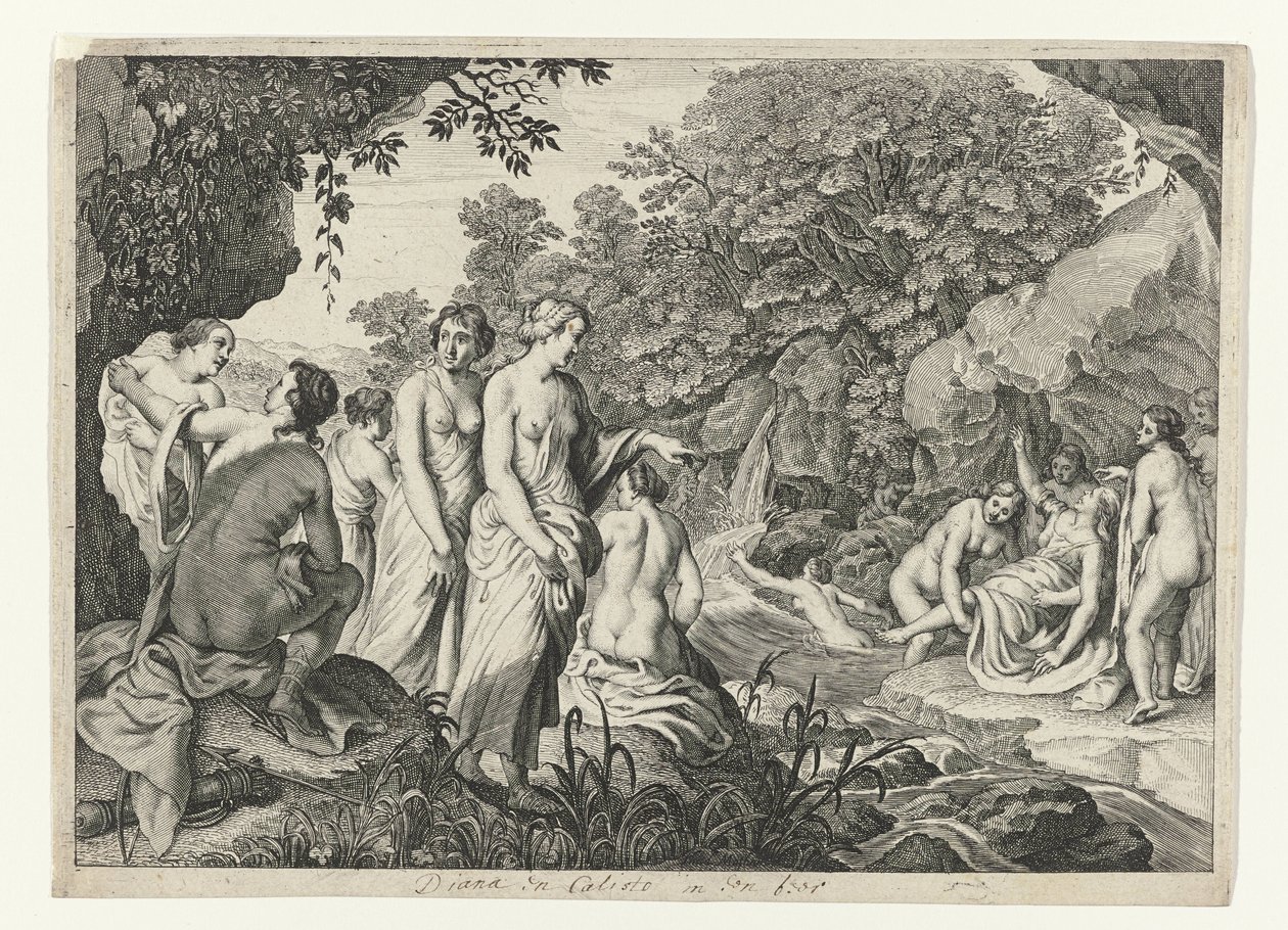 Diana scopre la gravidanza di Callisto (Metamorfosi di Ovidio) da Theodor Matham
