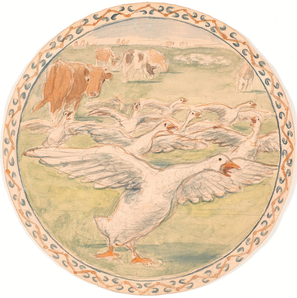 Mucche al pascolo e oche starnazzanti (bozza per piatto ceramico) da Theodor Philipsen