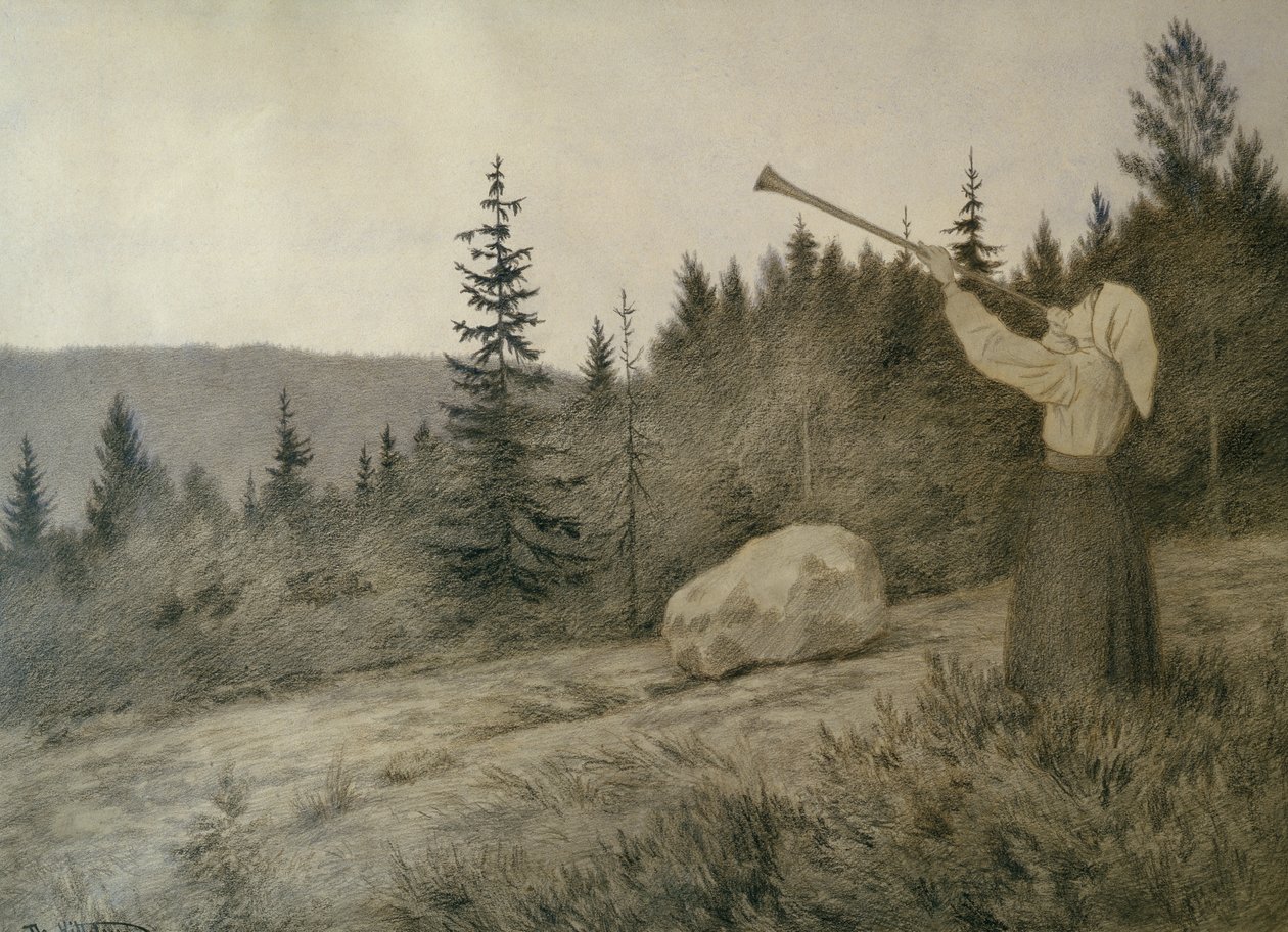 Sotto la montagna suona uno strumento a fiato da Theodor Kittelsen