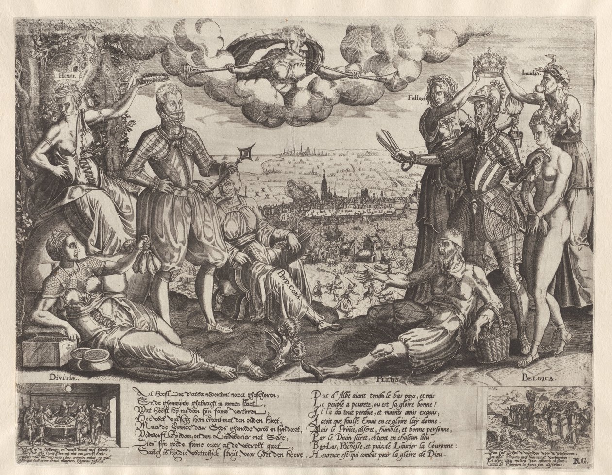 Confronto tra Orange e Alva, con sullo sfondo la Furia Spagnola, ca. 1577 da Theodor de Bry (attributed to)