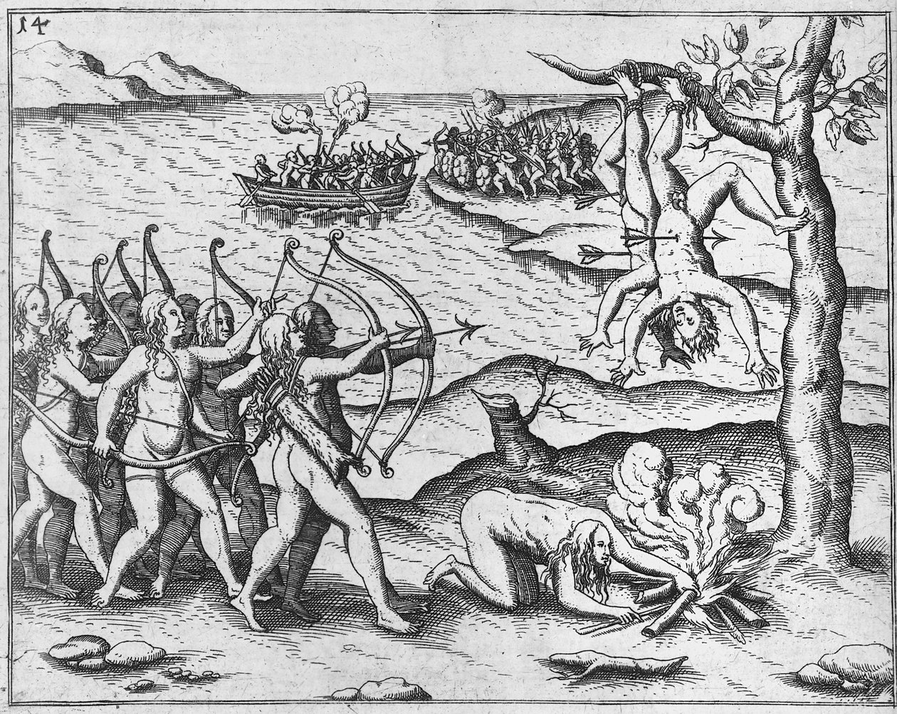 Donne amazzoniche attaccano uomini impiccati sugli alberi (xilografia) da Theodor de Bry