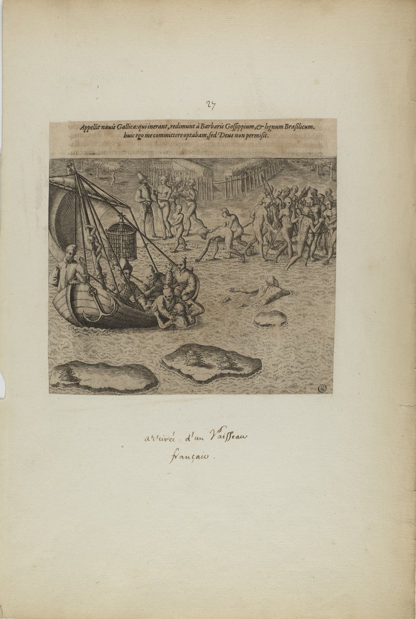 Appellit navis gallicai: qui inerant, redimunt a barbaris gossip pium... (dal libro, Americae, parte terza) da Theodor de Bry