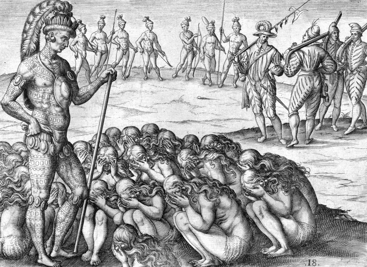 Prigionieri indiani saturiwa dagli indiani potano da Theodor de Bry