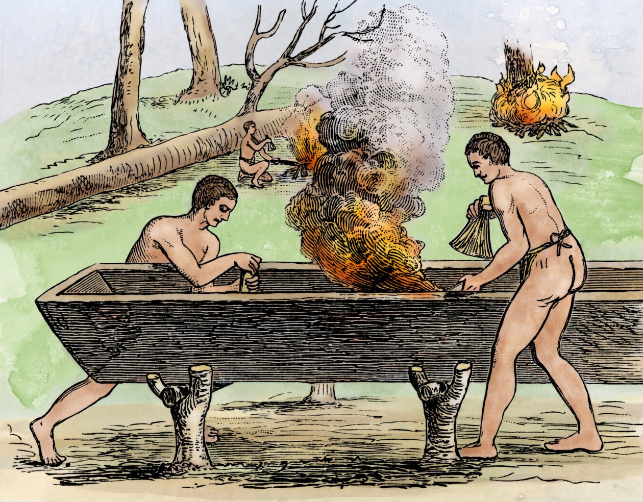 Indiani che costruiscono una canoa, mostrano il tronco di un albero al fuoco e scavano con le erbette. Incisione 1590 di Theodore De Bry, colorata nel XIX secolo. da Theodor de Bry