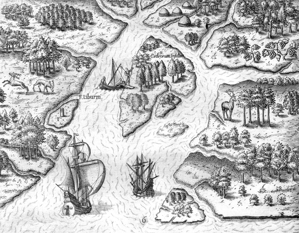 Jean Ribault erige una colonna con le armi del Re di Francia a Charlesfort da Theodor de Bry