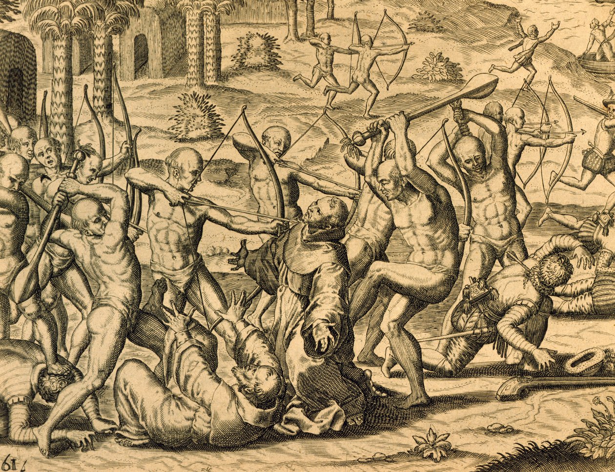 Martirio dei monaci missionari in Sud America, incisione da Historia americae, di Theodor de Bry (1528-1598), Francoforte da Theodor de Bry