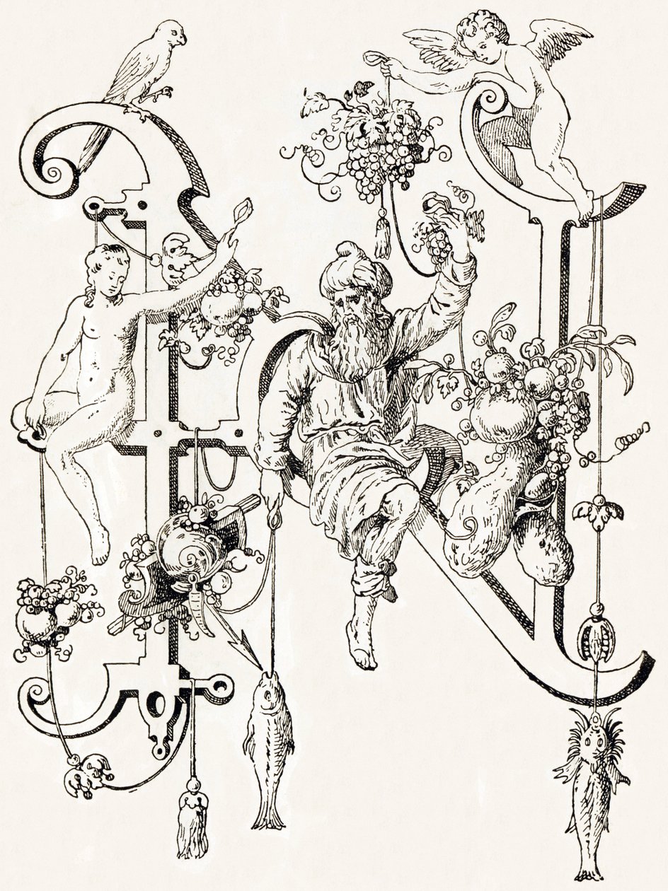N - El sabio Natham - Alfabeto di T. de Bry (nuovo alfabeto artistico) da Theodor de Bry