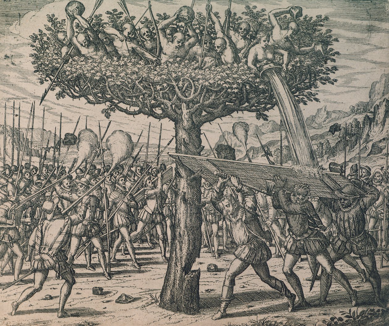 Indigeni nascosti tra gli alberi che combattono contro i conquistatori da Theodor de Bry