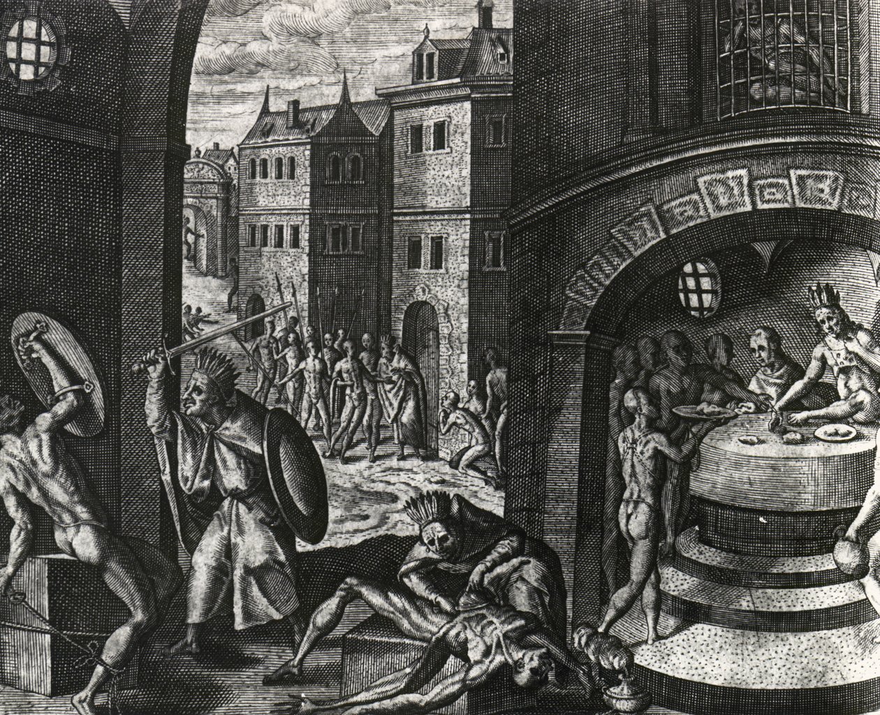 Sacerdote uccide vittima di finta lotta e poi scuoia il corpo, Messico, incisione da Peregrinationes da Theodor de Bry