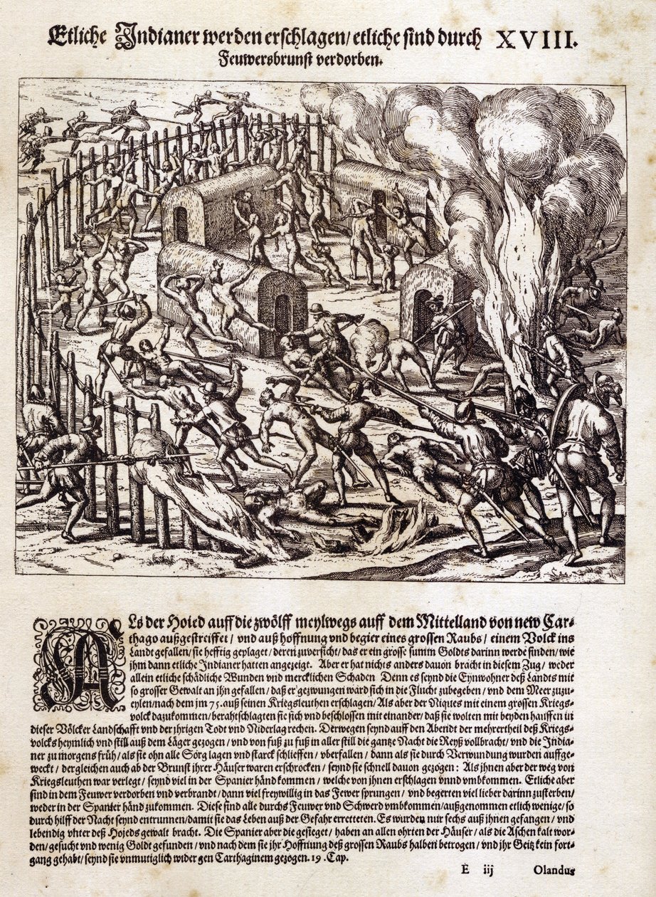 Sud America: I conquistadores spagnoli bruciano e saccheggiano un villaggio indigeno da Theodor de Bry