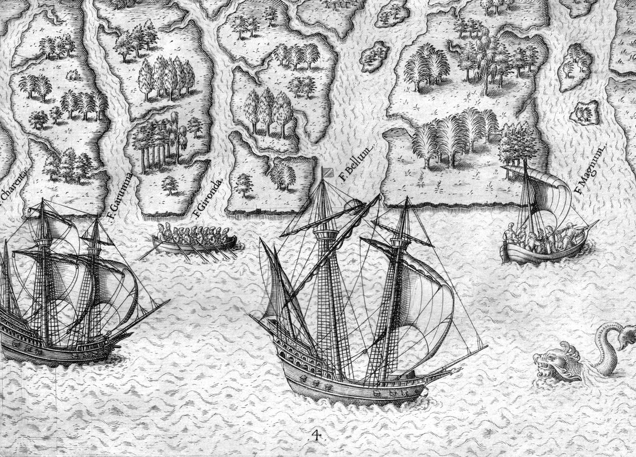 Gli esploratori francesi sei fiumi sulla costa della Florida da Theodor de Bry