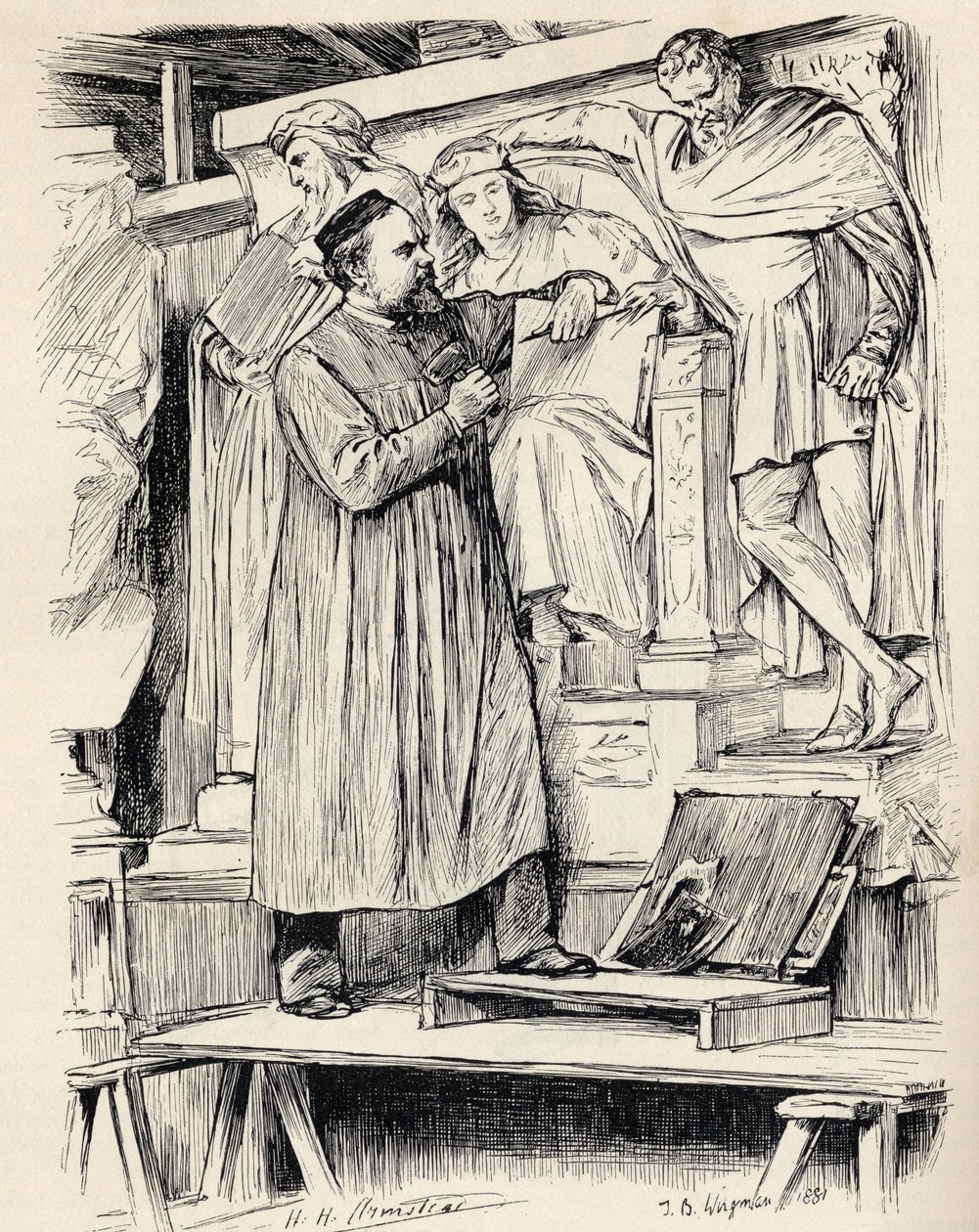 Armstead al lavoro, incisione da un disegno di Wirgman, da 