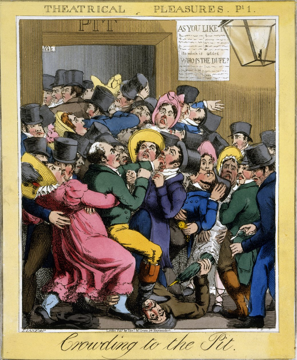 Affollamento al Parterre, Tavola 1 da Theatrical Pleasures, pub. Thos. McLean, Londra, 1821 da Theodore Lane