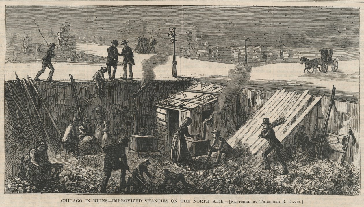 Chicago in rovina - Baracche improvvisate sul lato nord, illustrazione da Harper