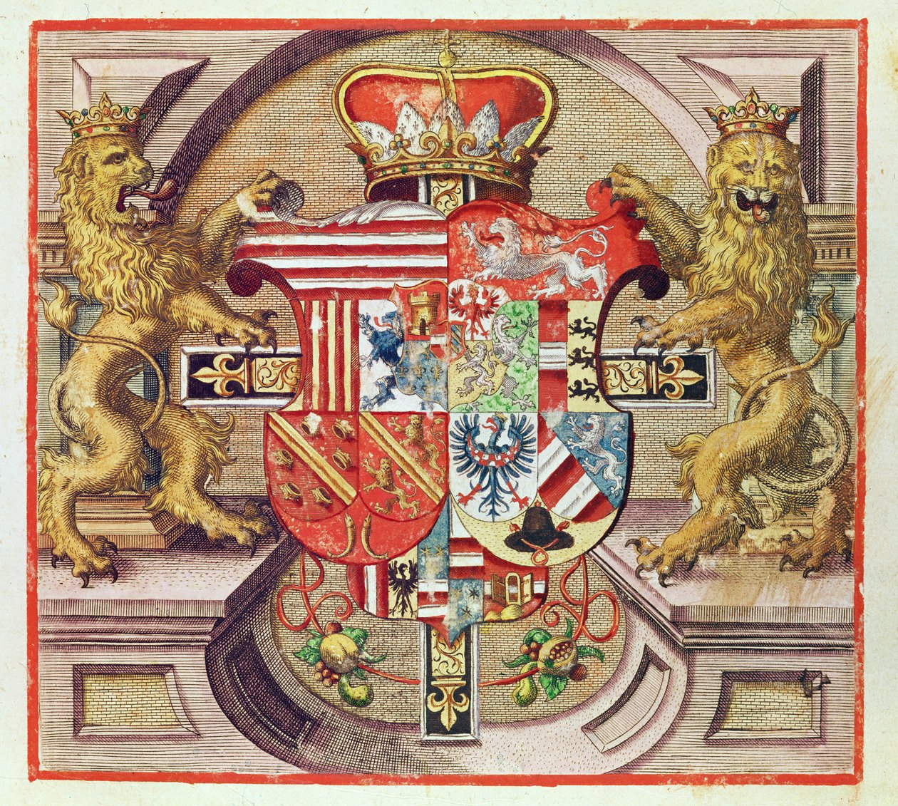 Admiranta Narratio..., Incisione araldica (pagina 3), 1585-1588 da Theodore de Bry