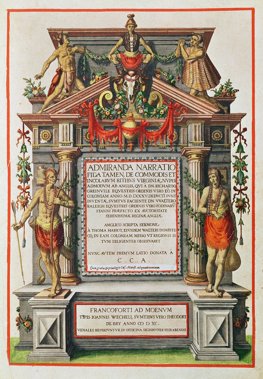 Admiranta Narratio.... Frontespizio (pagina 1), 1585-1588 (incisione a colori) da Theodore de Bry